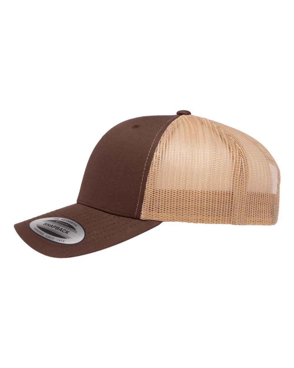 A brown and tan baseball cap with a mesh back