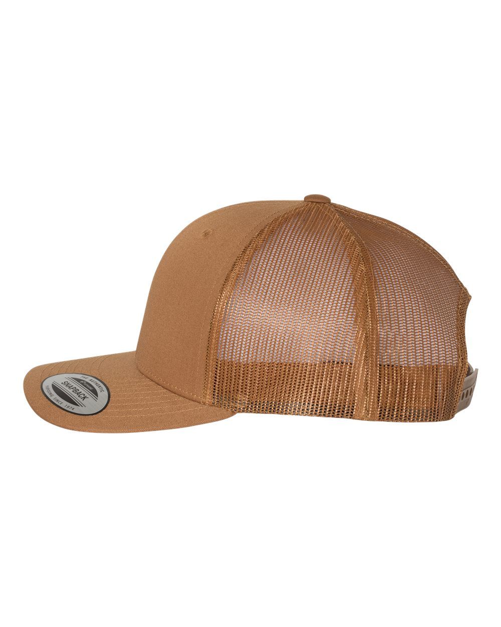 A brown trucker hat with a mesh back on a white background.