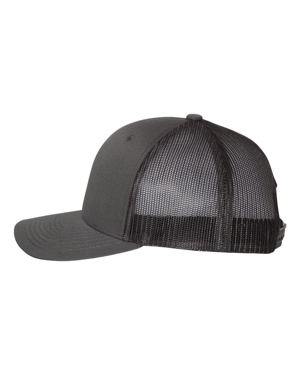 A black trucker hat with a mesh back on a white background.