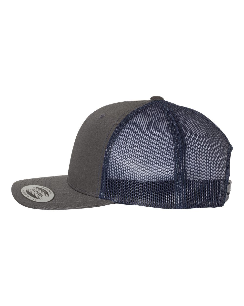A grey trucker hat with a blue mesh back on a white background.