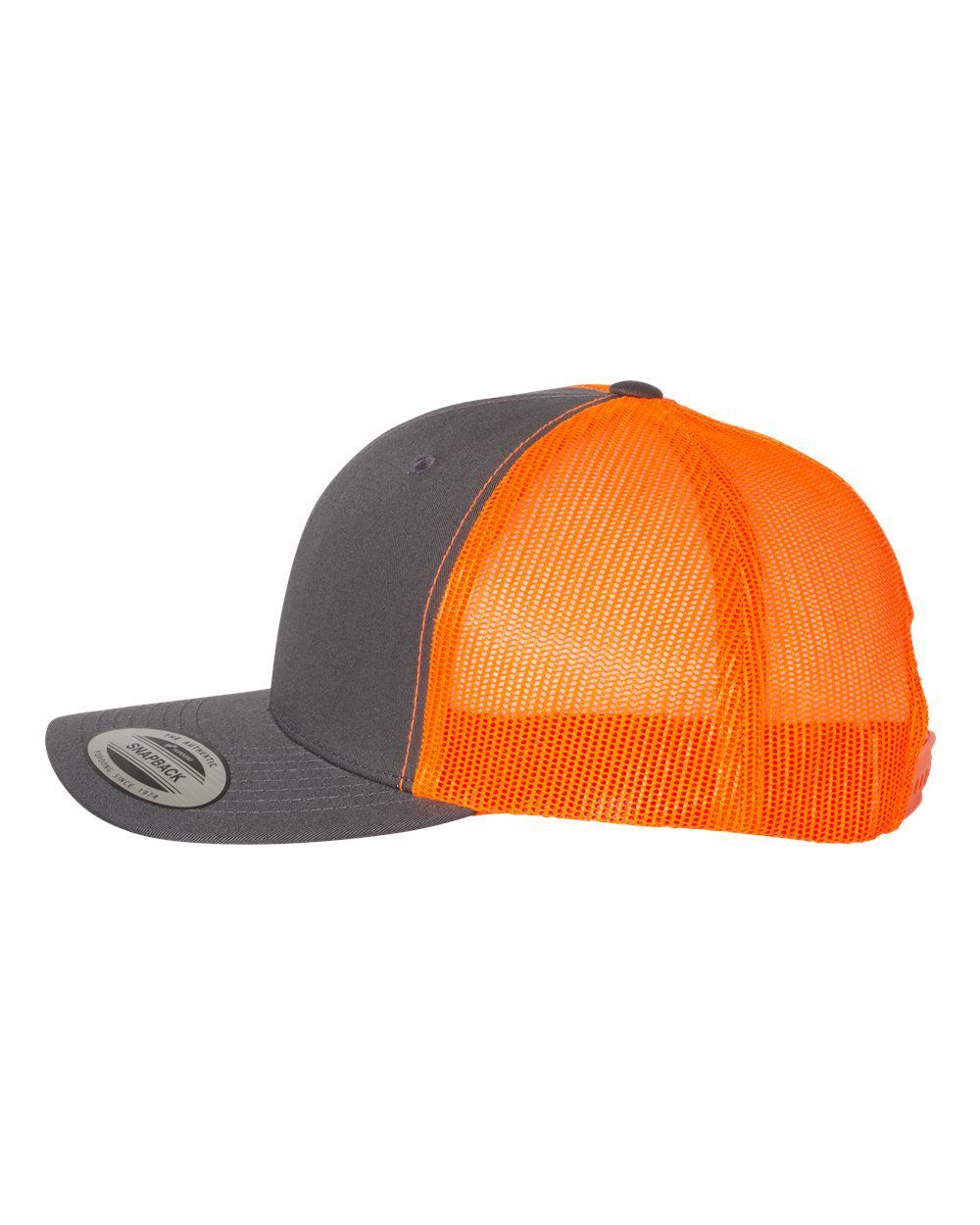 A grey trucker hat with an orange mesh back