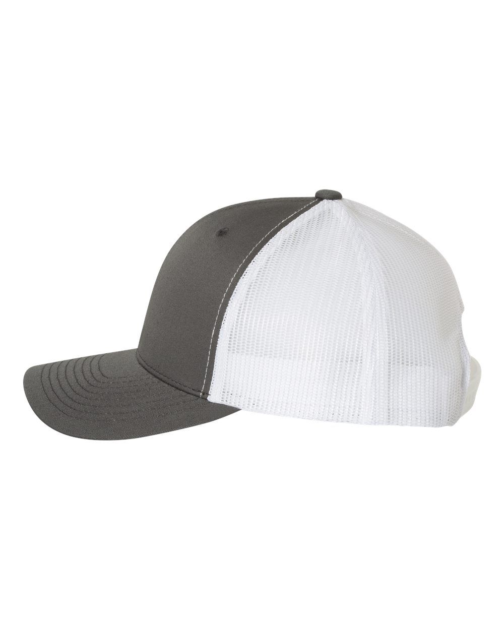 A black and white baseball cap with a mesh back on a white background.