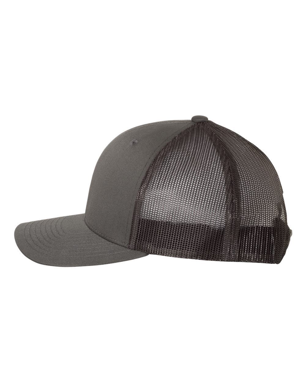 A gray trucker hat with a black mesh back on a white background.