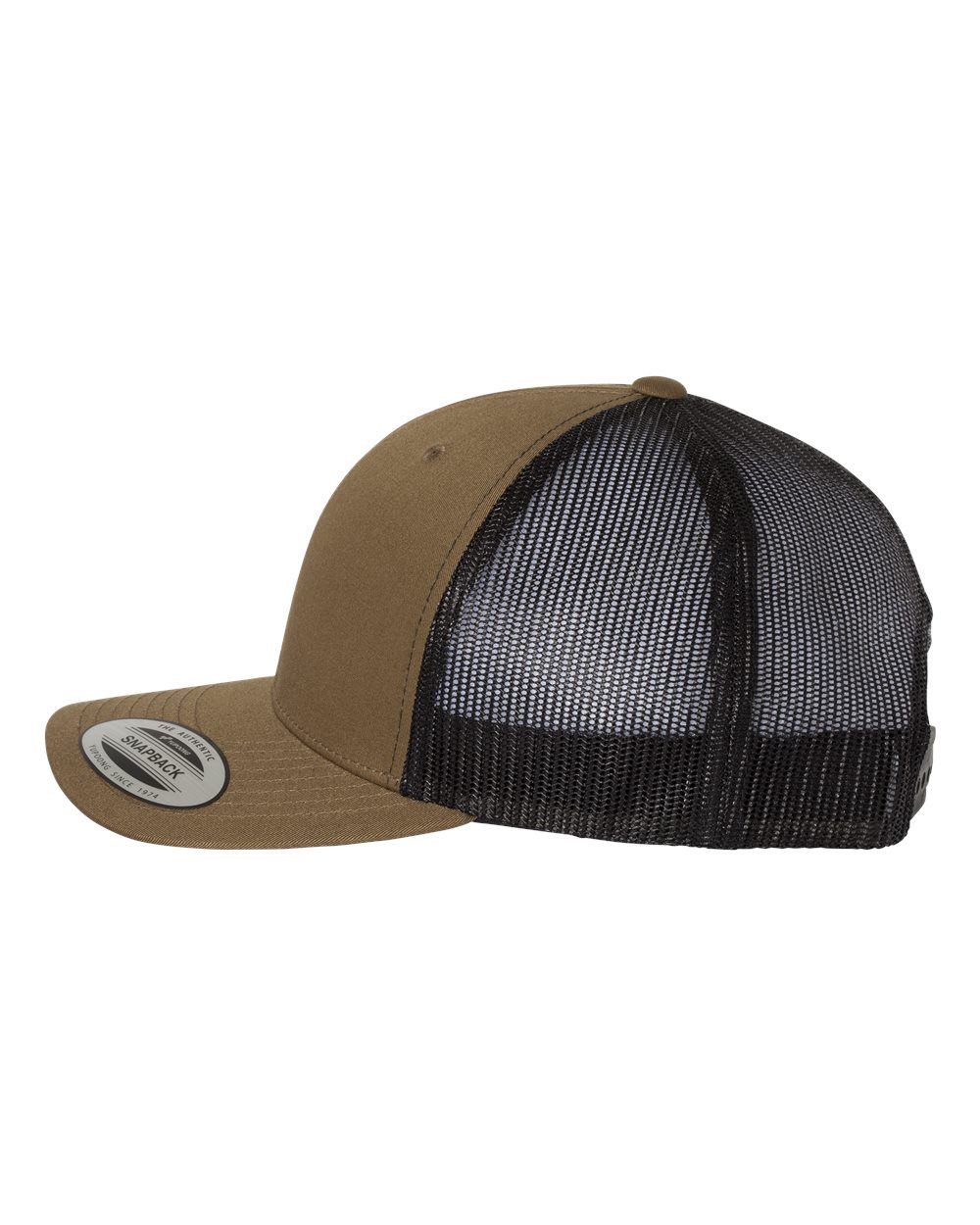 A brown trucker hat with a black mesh back on a white background.