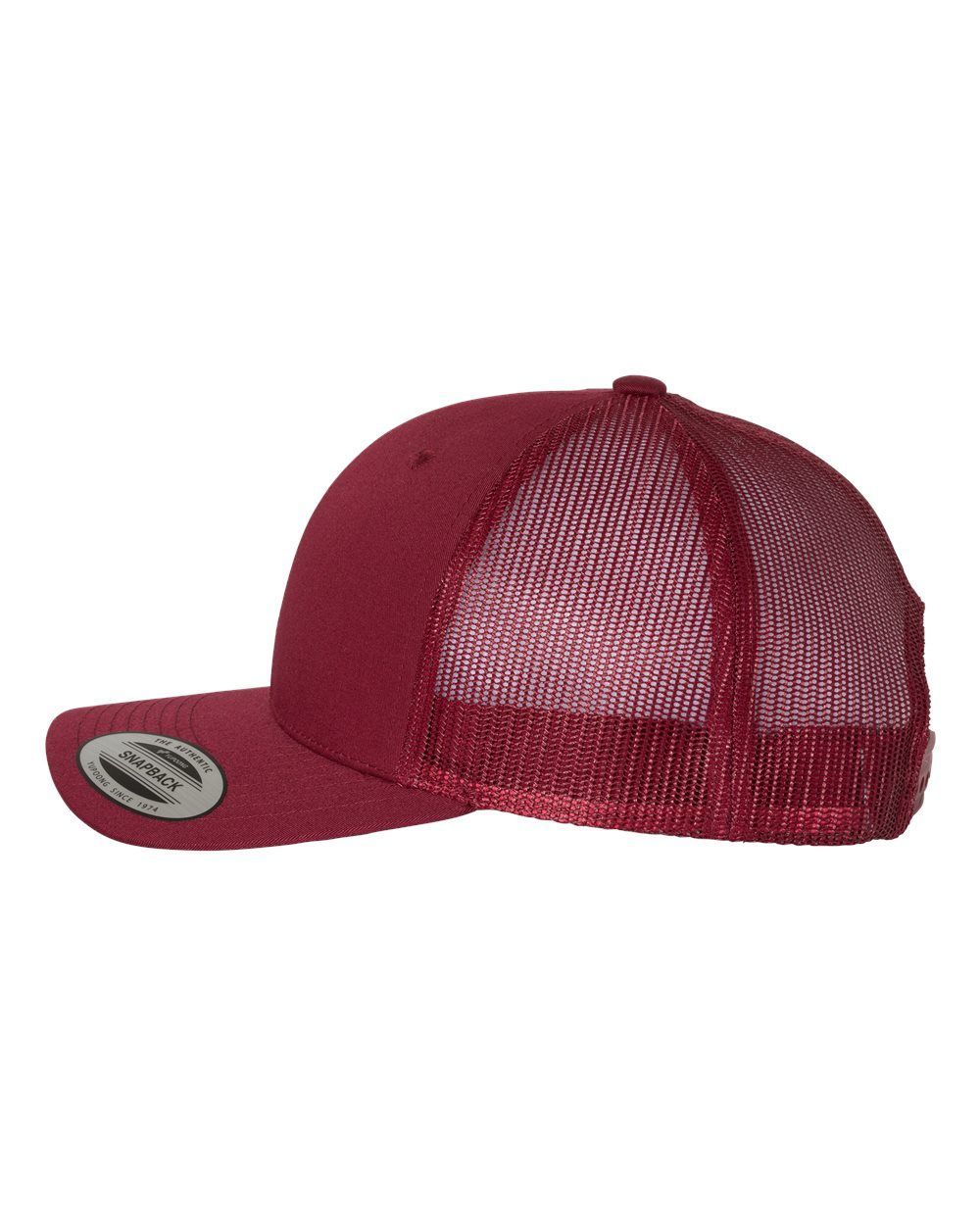 A red trucker hat with a mesh back on a white background.