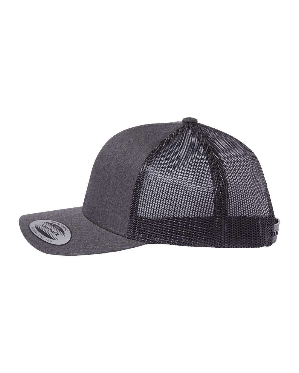 A gray trucker hat with a black mesh back on a white background.