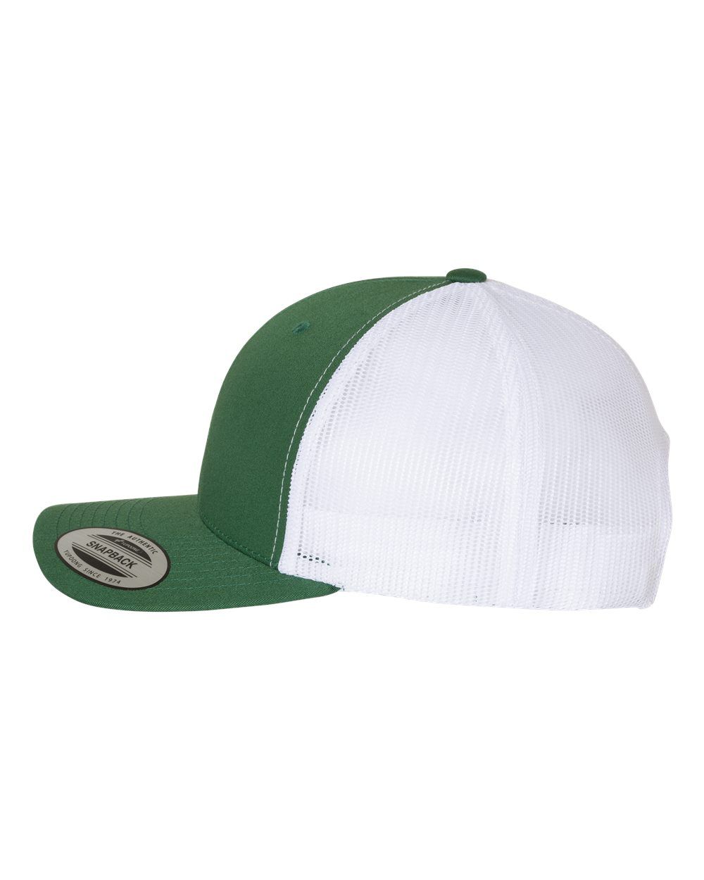 A green and white baseball cap with a mesh visor on a white background.