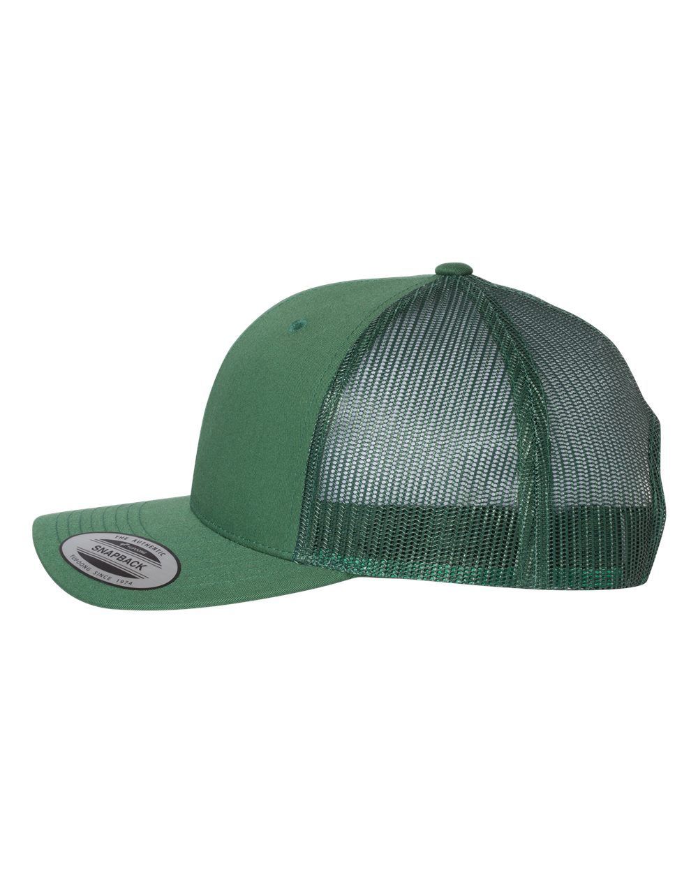 A green trucker hat with a mesh back on a white background.
