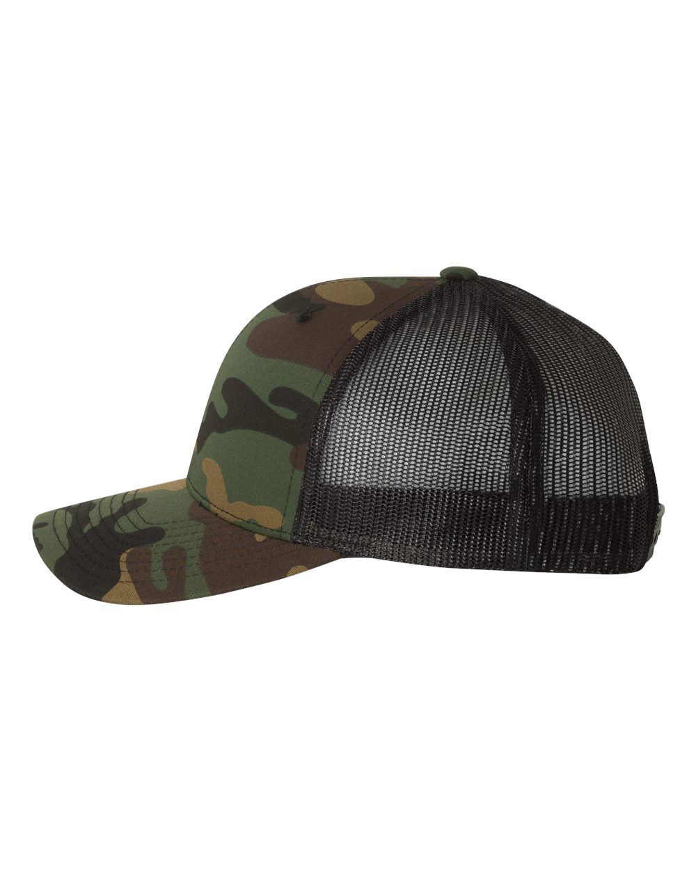 A camouflage baseball cap with a black mesh back on a white background.
