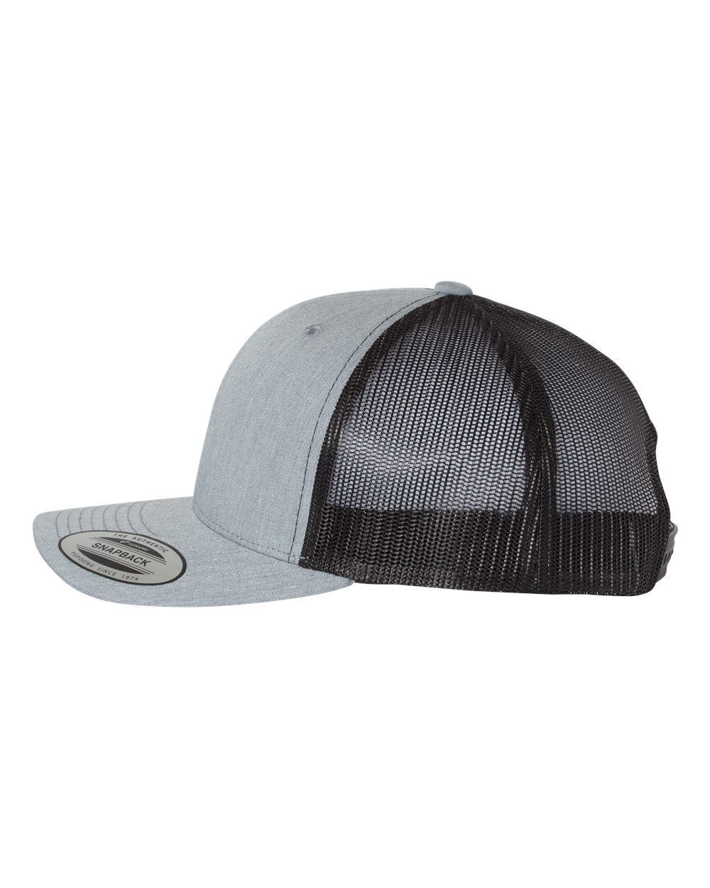 A grey and black trucker hat with a mesh back on a white background.