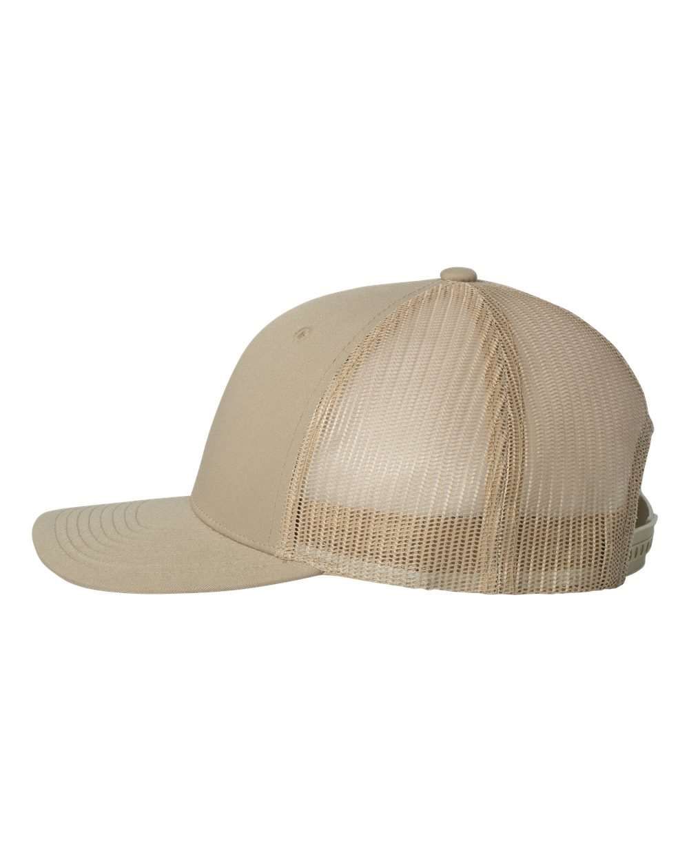 A tan trucker hat with a mesh back on a white background.