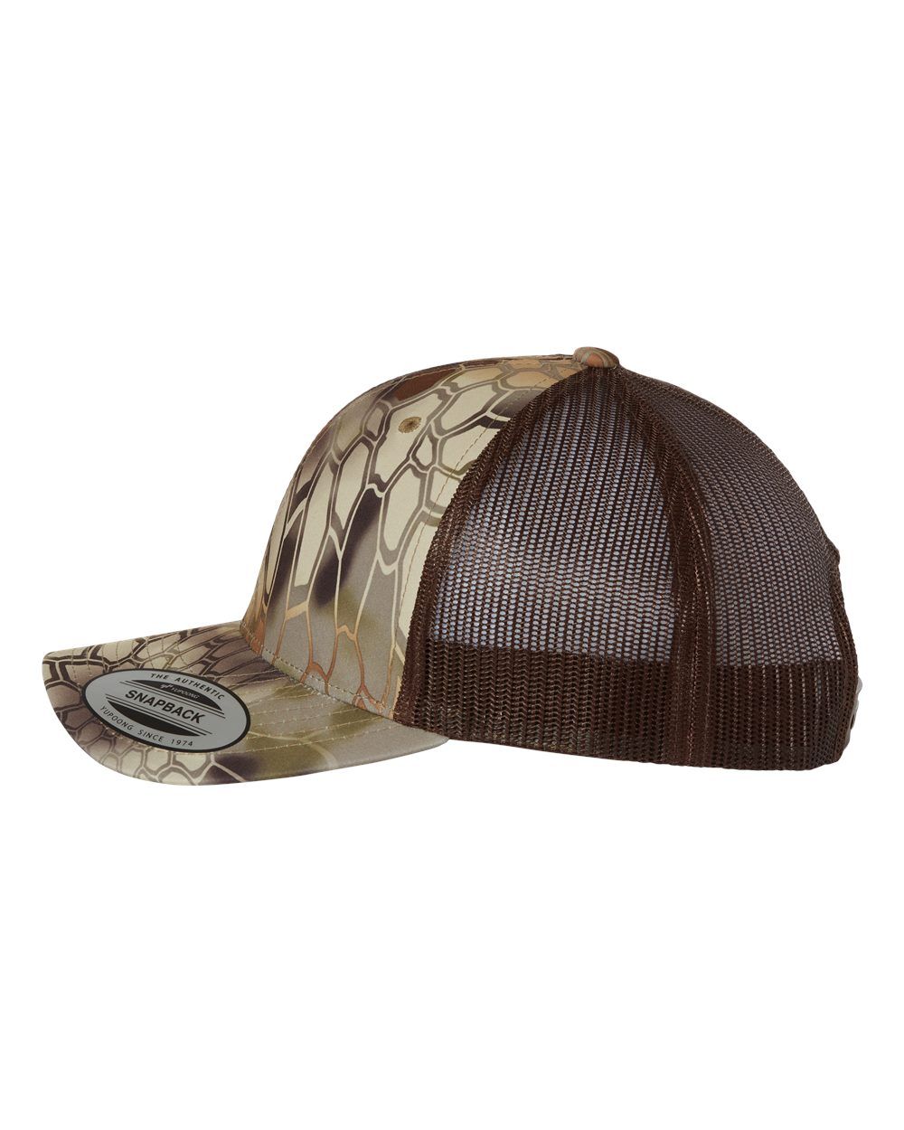 A brown trucker hat with a camouflage pattern on it.