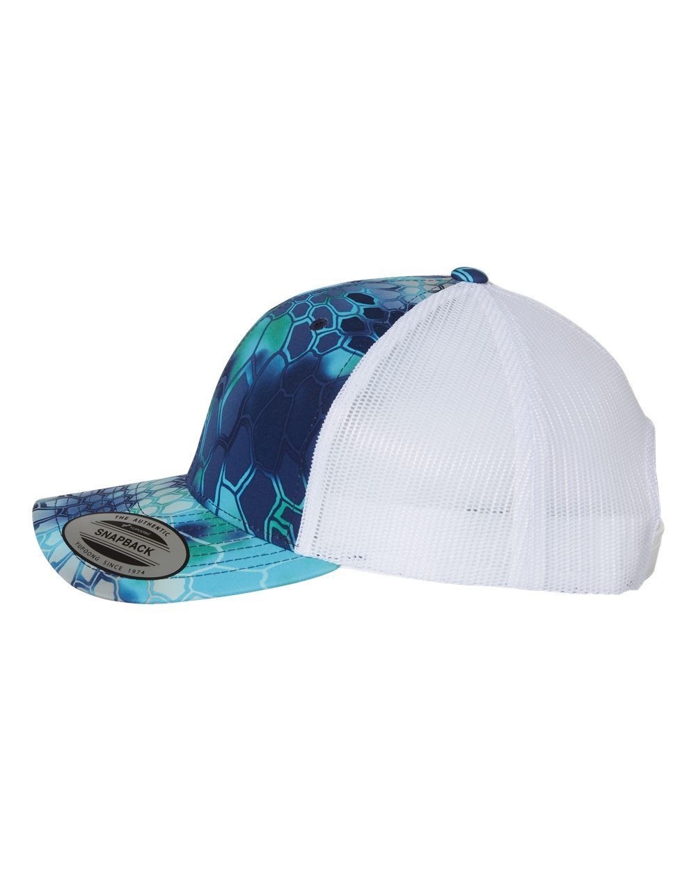 A blue and white baseball cap with a white mesh back