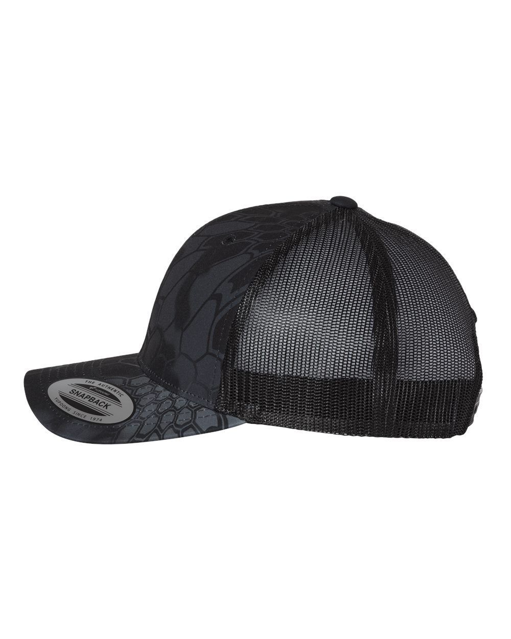 A black trucker hat with a mesh back on a white background.