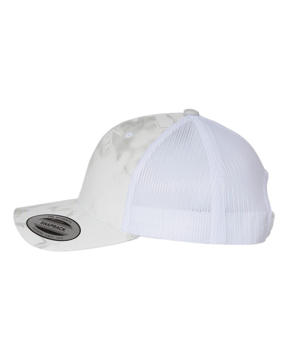 The back of a white trucker hat with a mesh back.