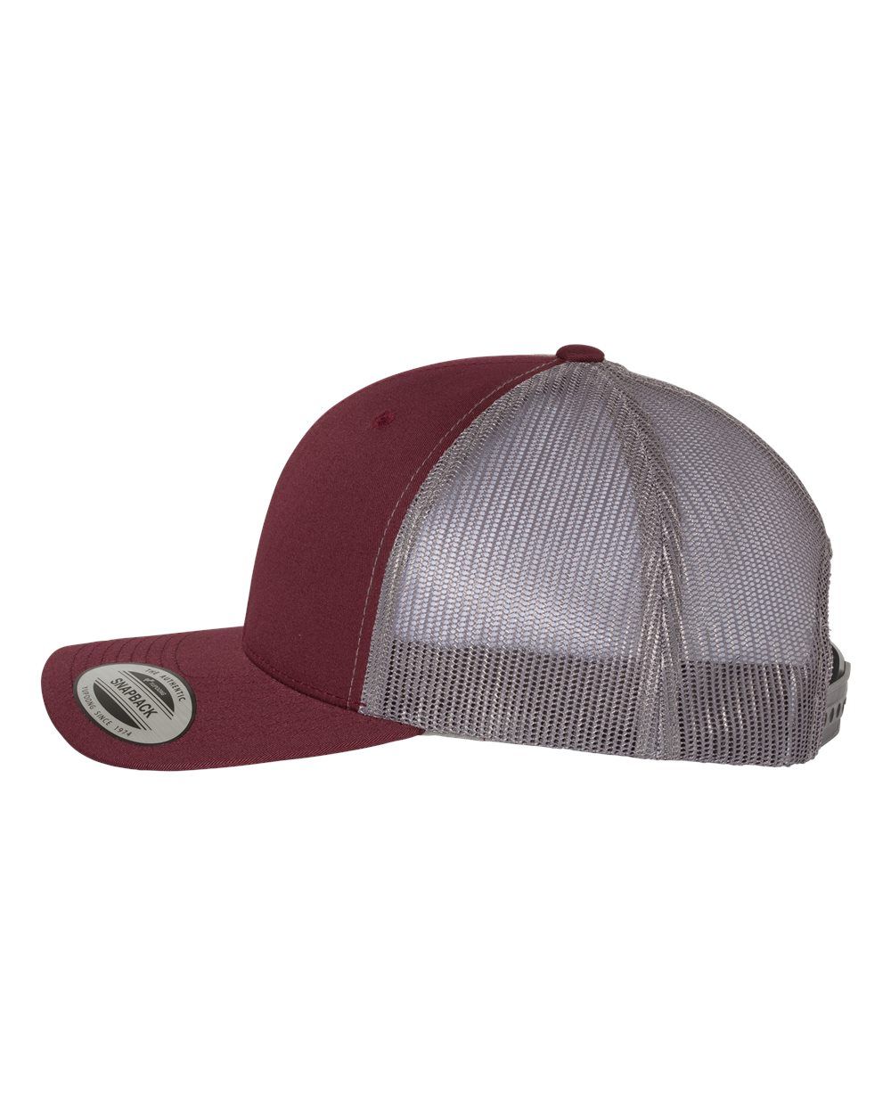 A maroon and grey baseball cap with a mesh back.