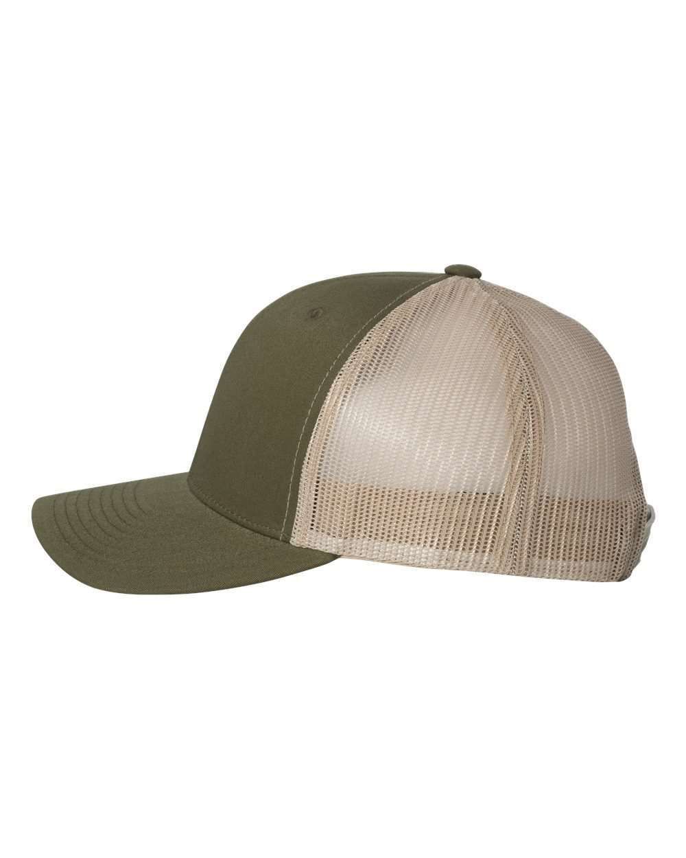 A green and tan baseball cap with a mesh back on a white background.