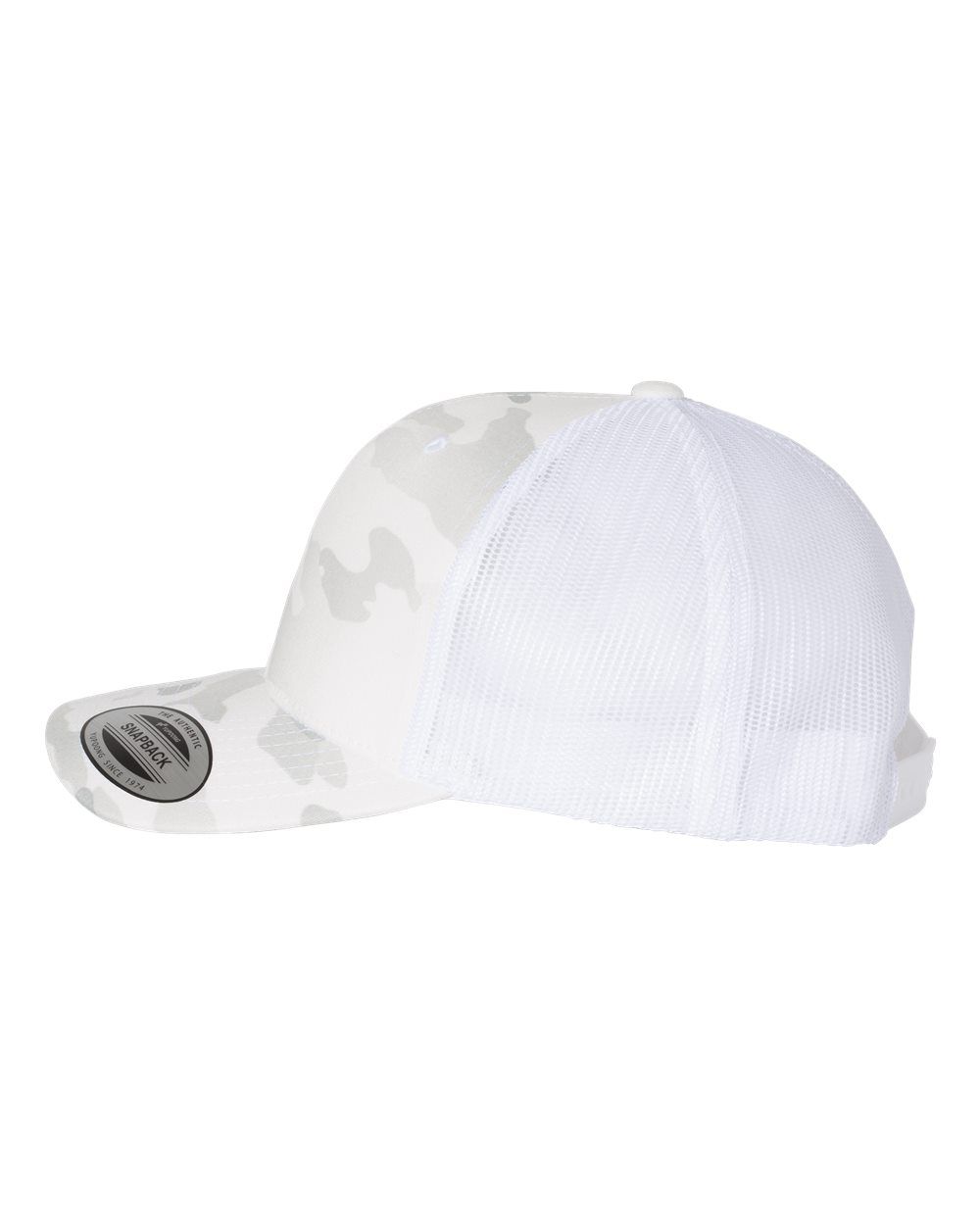 A white trucker hat with a camouflage pattern on it.