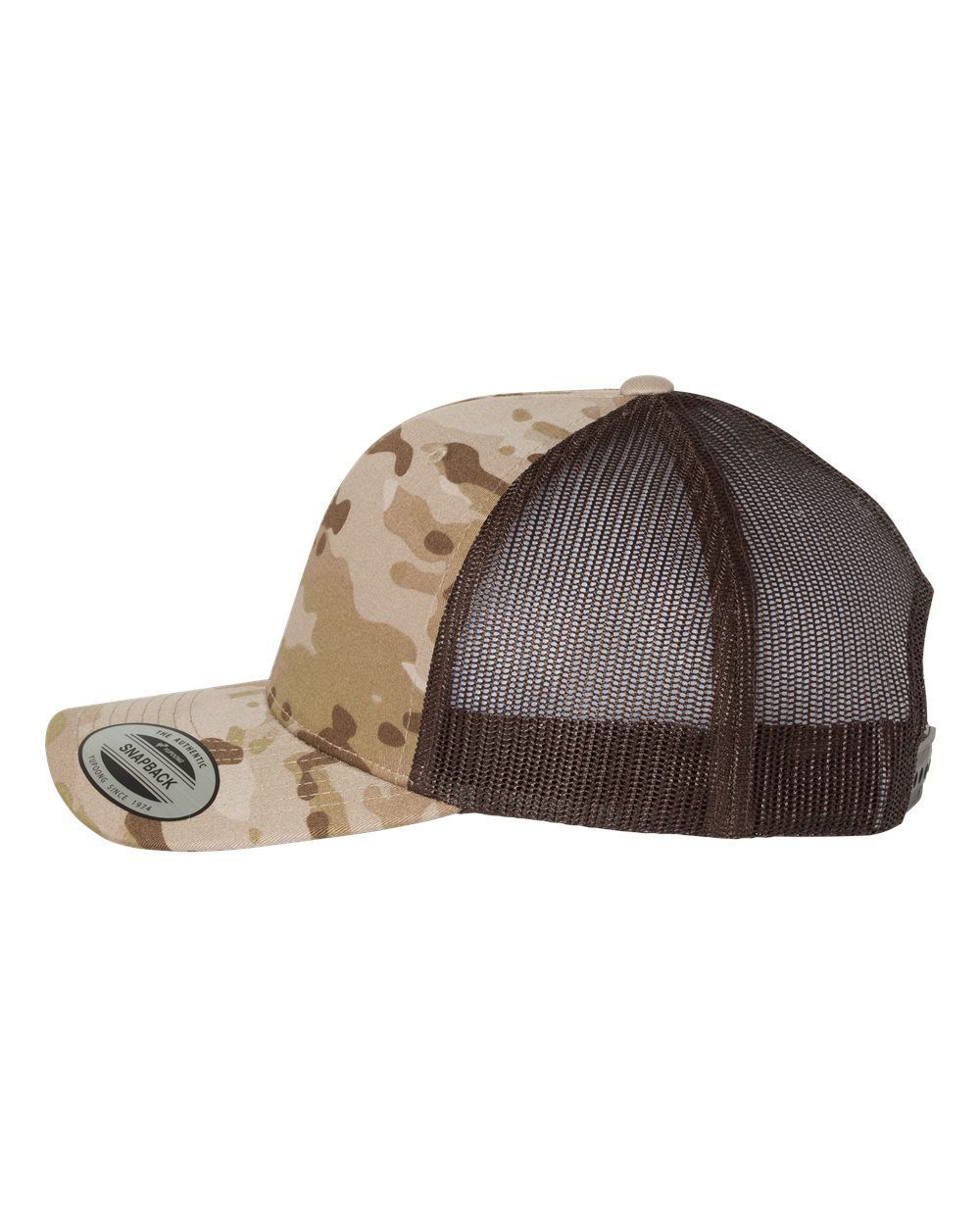 A baseball cap with a camouflage pattern and a brown mesh back.