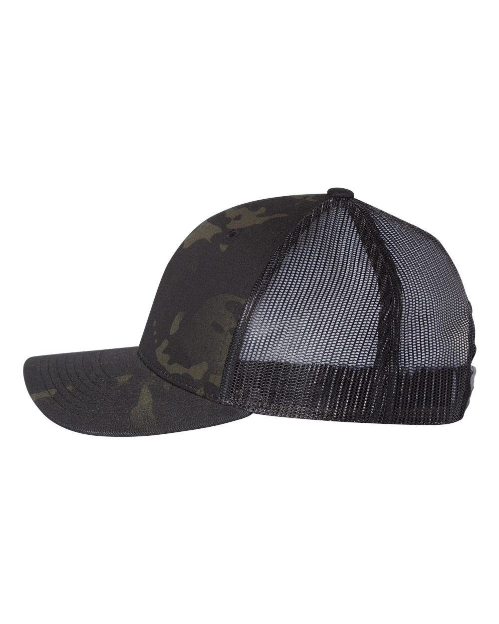 A black trucker hat with a mesh back on a white background.
