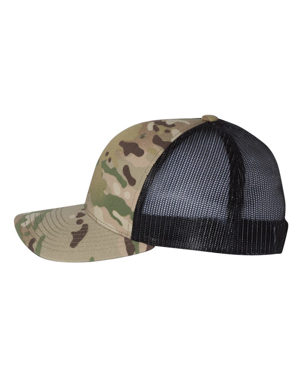 A baseball cap with a camouflage pattern and a black mesh back.