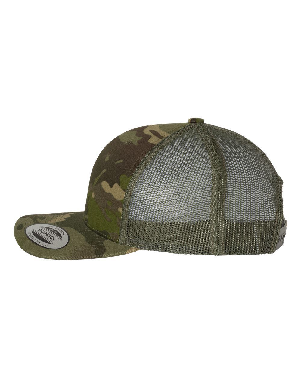 A camouflage trucker hat with a mesh back on a white background.
