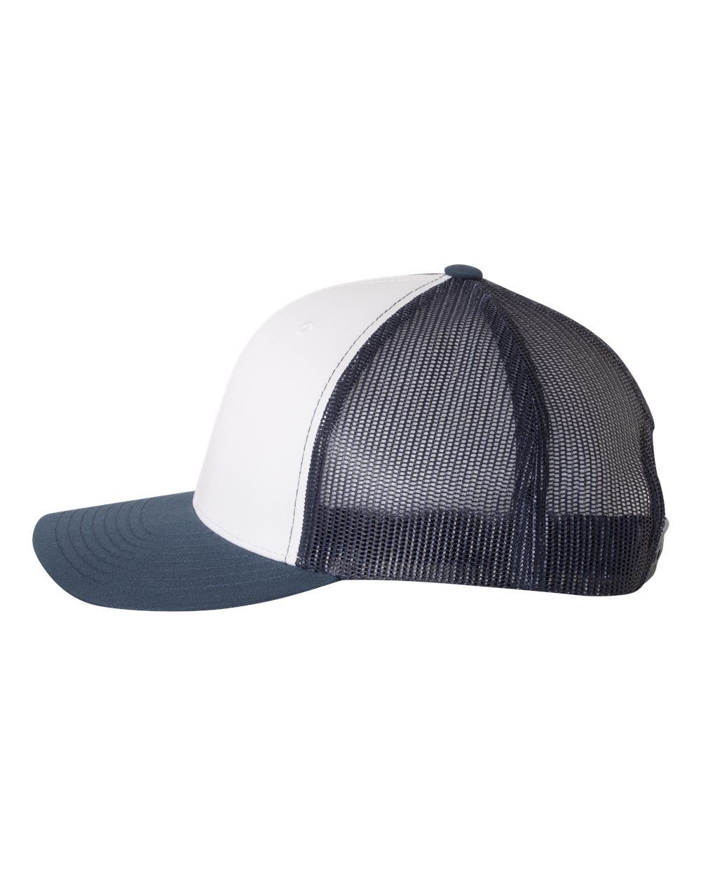 A white and blue trucker hat with a mesh back on a white background.