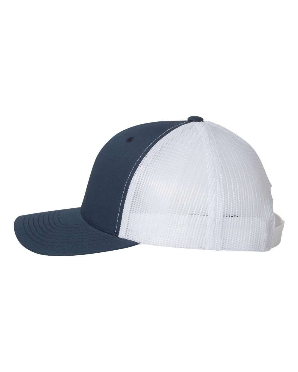 A blue and white baseball cap with a mesh back on a white background.
