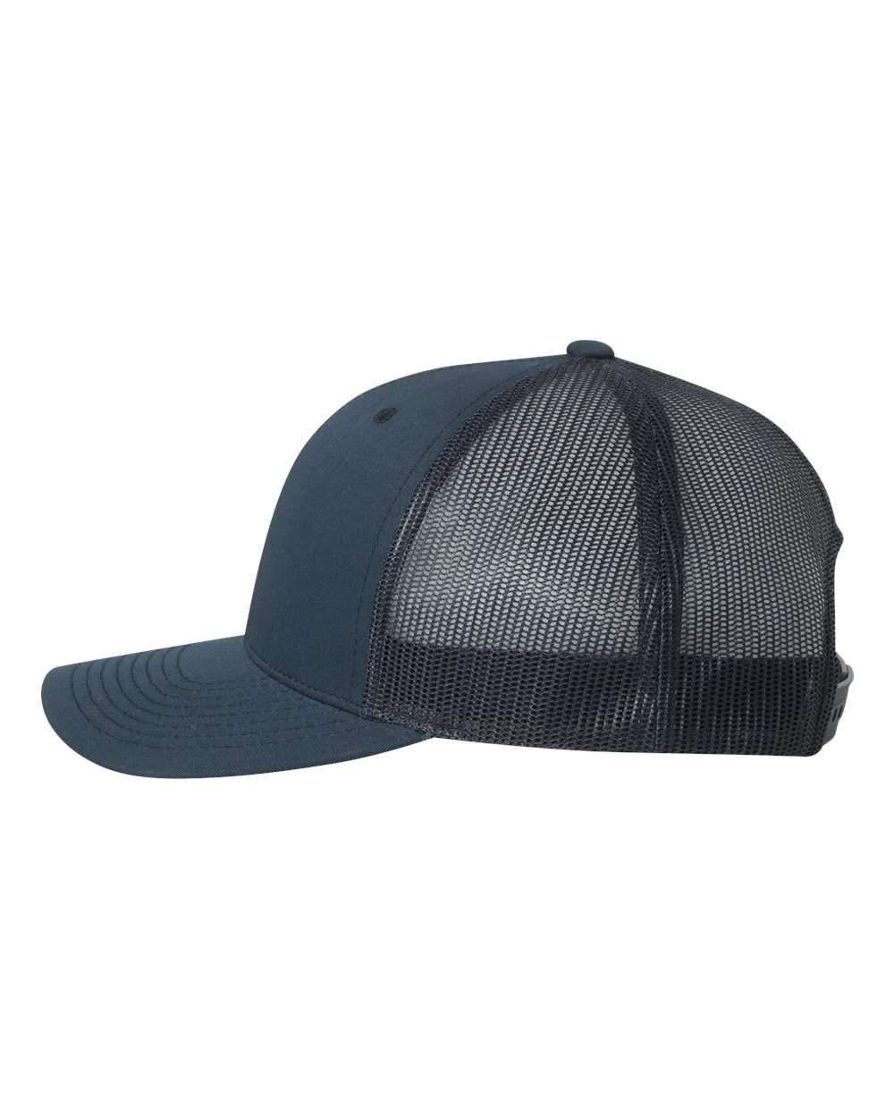 A blue trucker hat with a mesh back on a white background.