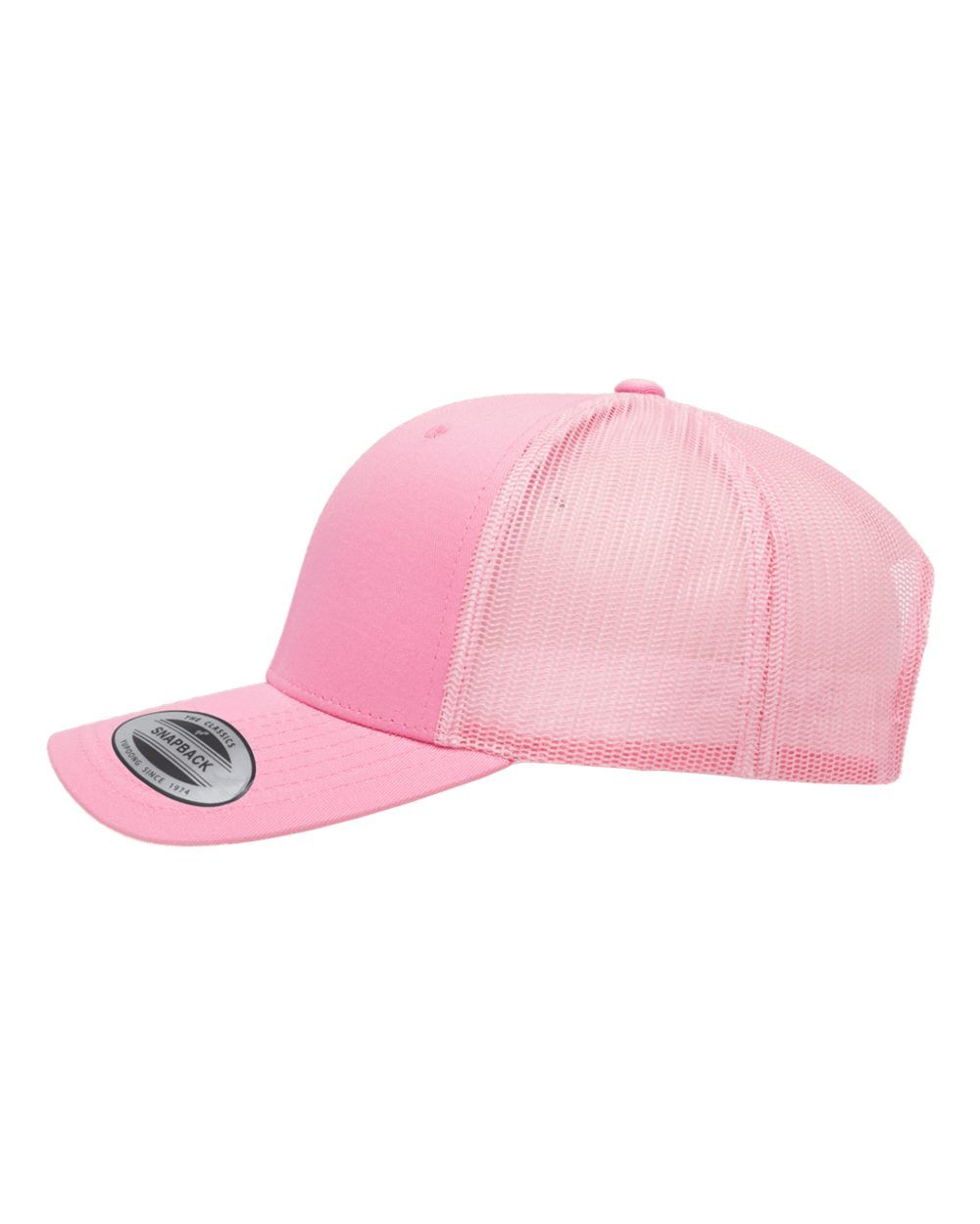 A pink trucker hat with a mesh back on a white background