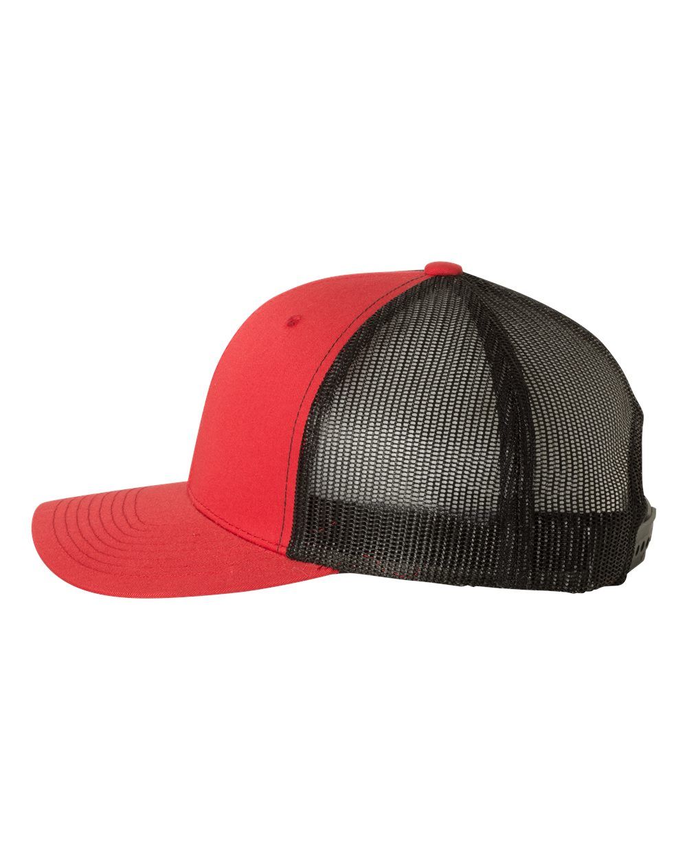 A red trucker hat with a black mesh back on a white background.
