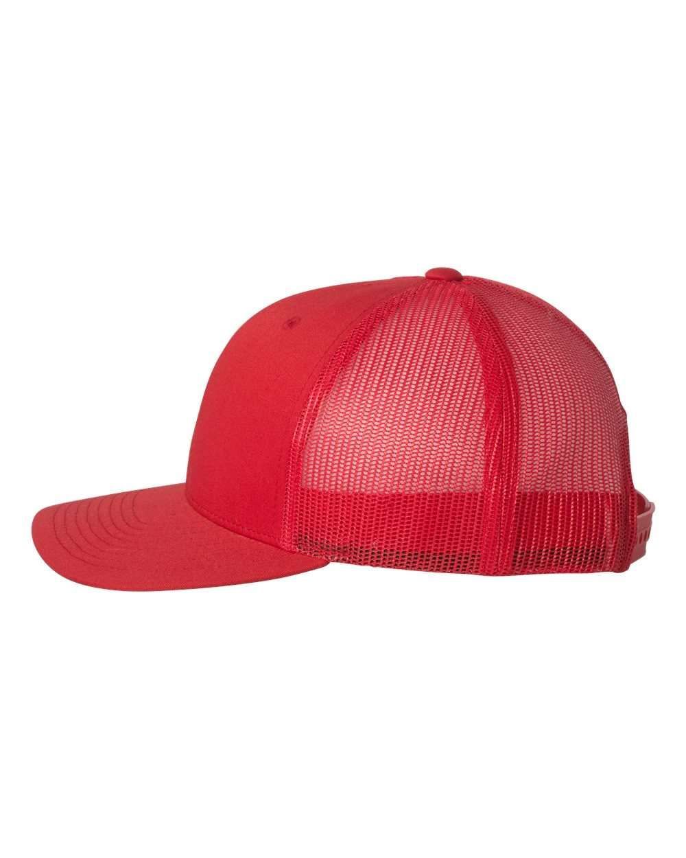 A red trucker hat with a mesh back on a white background