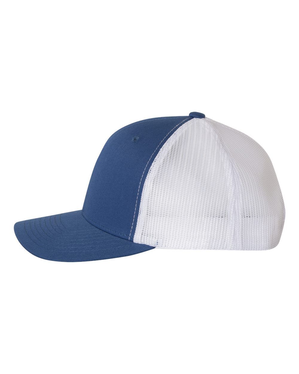 A blue and white baseball cap on a white background