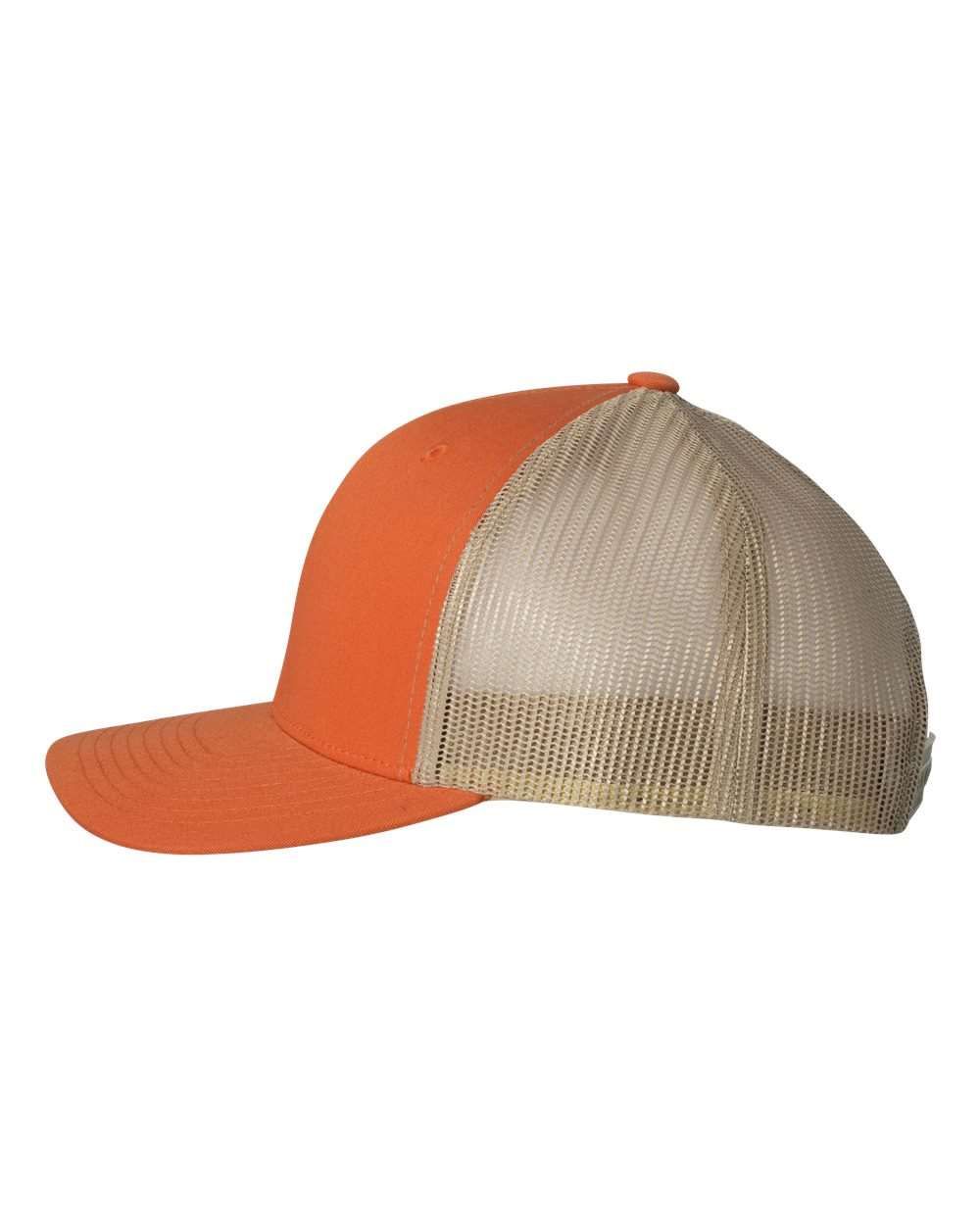 A close up of an orange and tan baseball cap on a white background