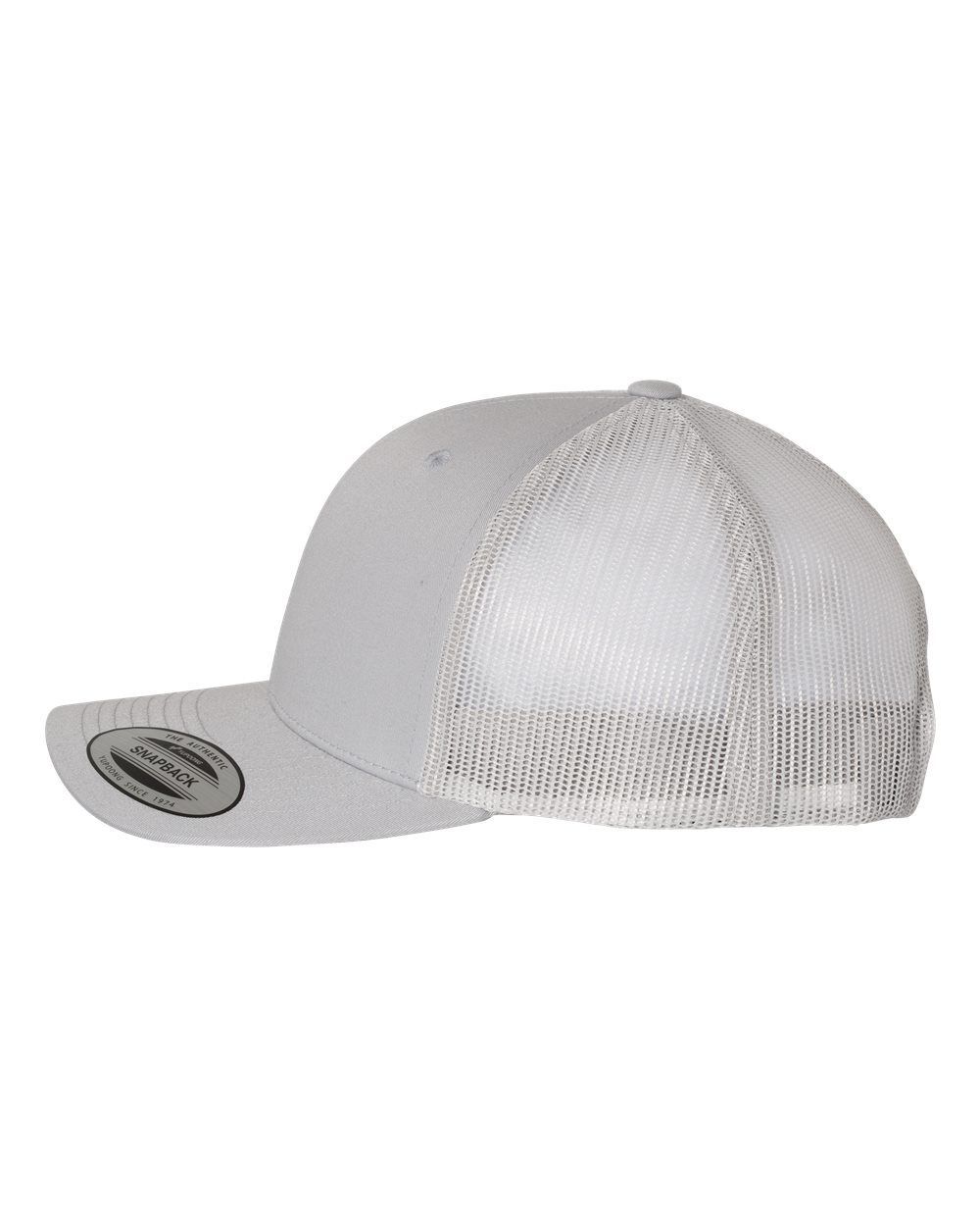 A white trucker hat with a mesh back on a white background.