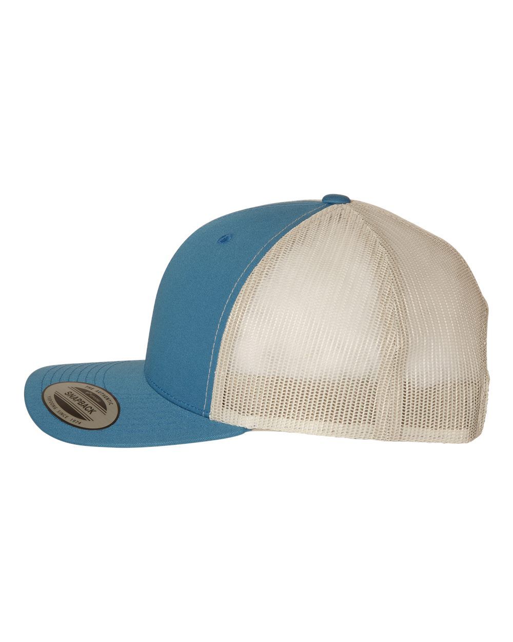A blue and white trucker hat with a white mesh back