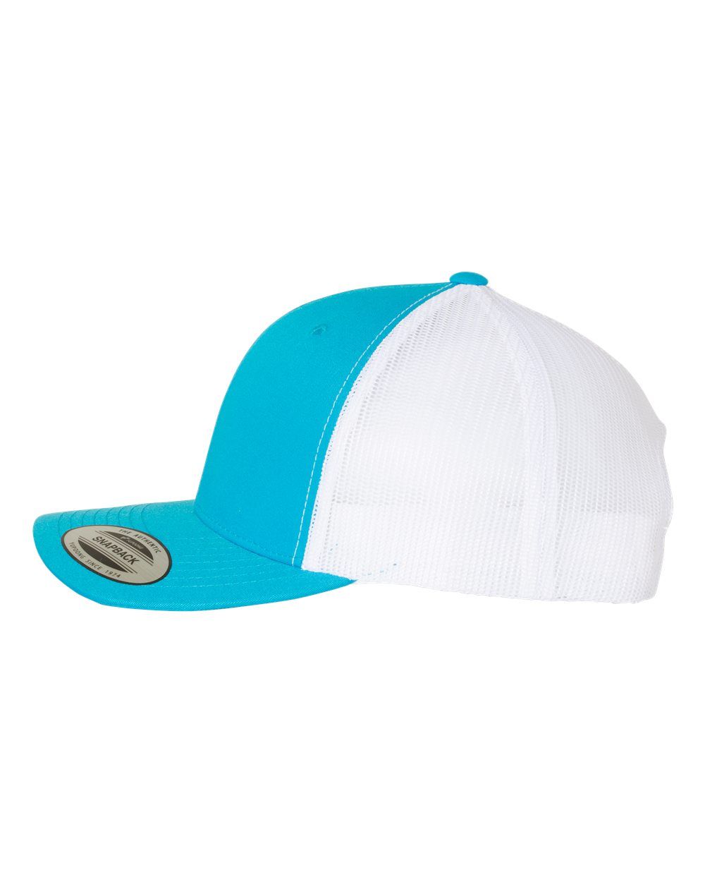 A blue and white baseball cap on a white background