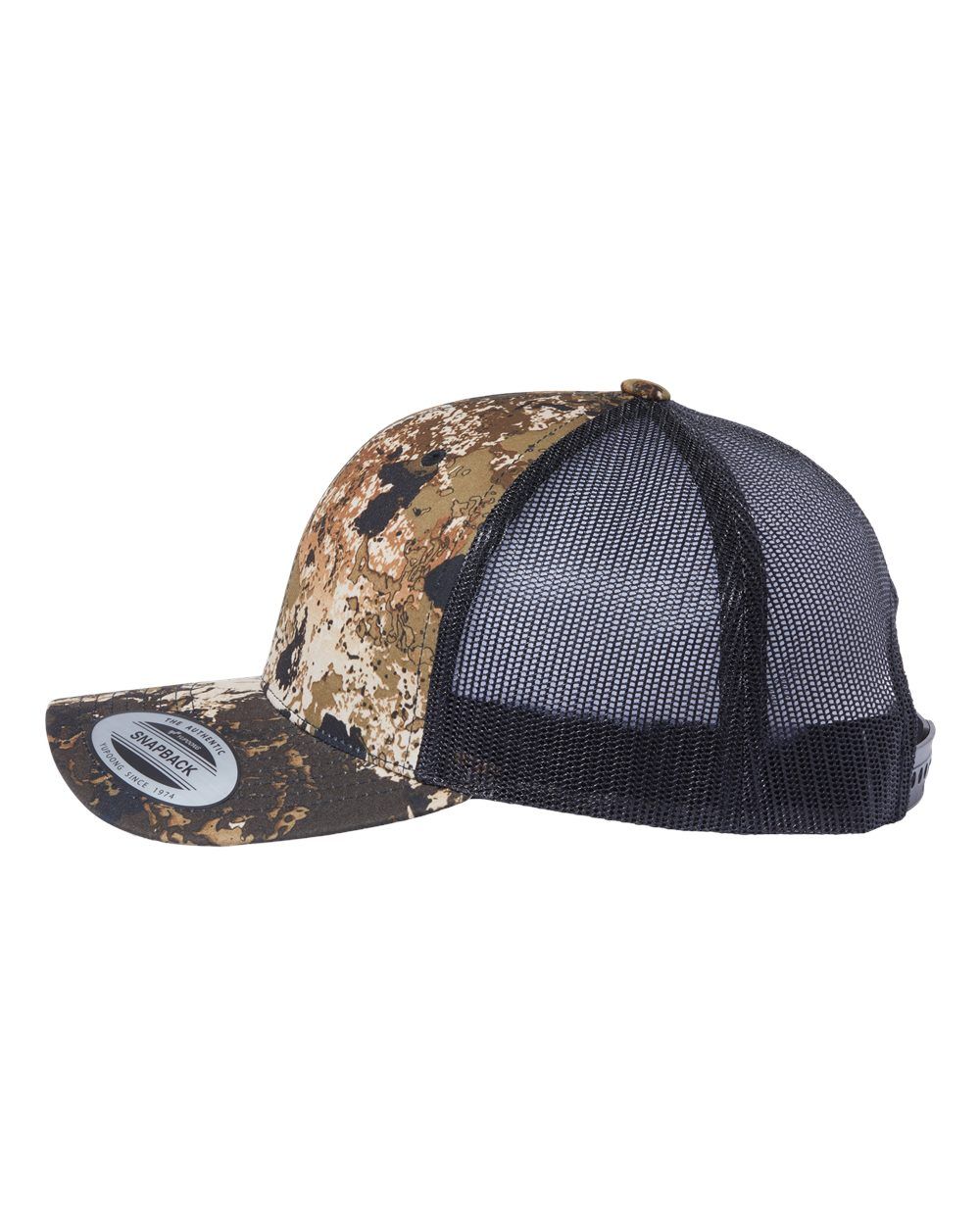 A baseball cap with a camouflage pattern and a black mesh back.