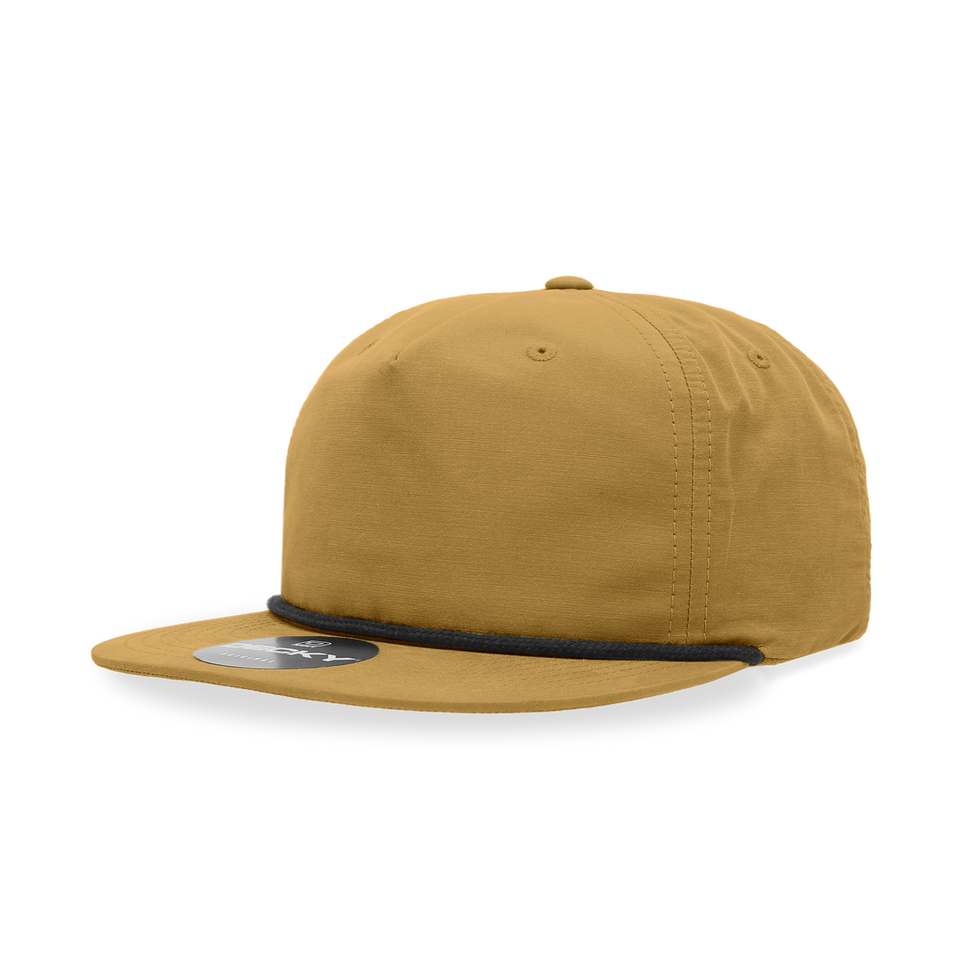 A tan baseball cap with a black rope around the brim
