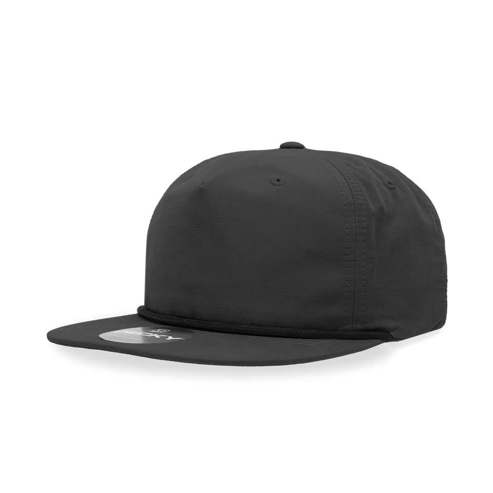 A black baseball cap with a flat brim on a white background.