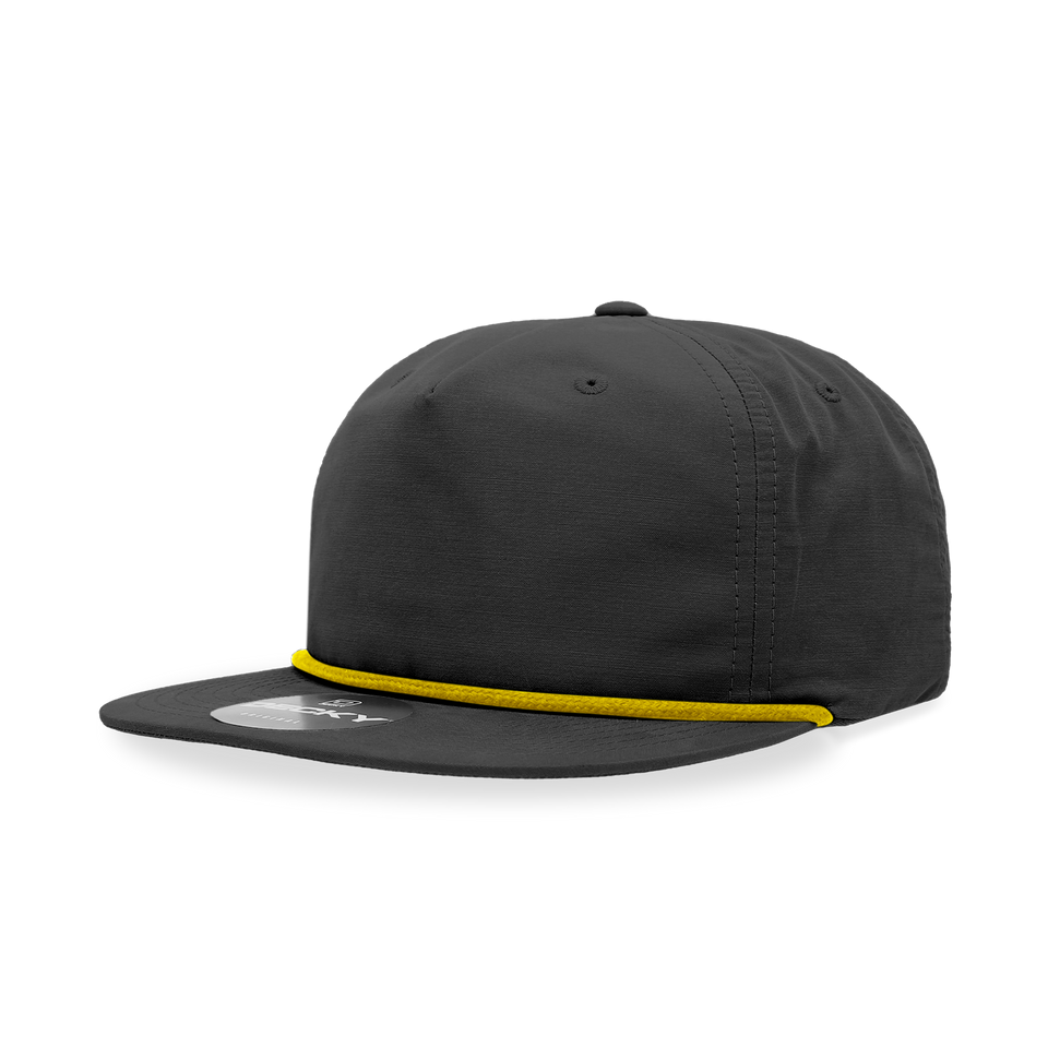 A black hat with a yellow rope around the brim on a white background.