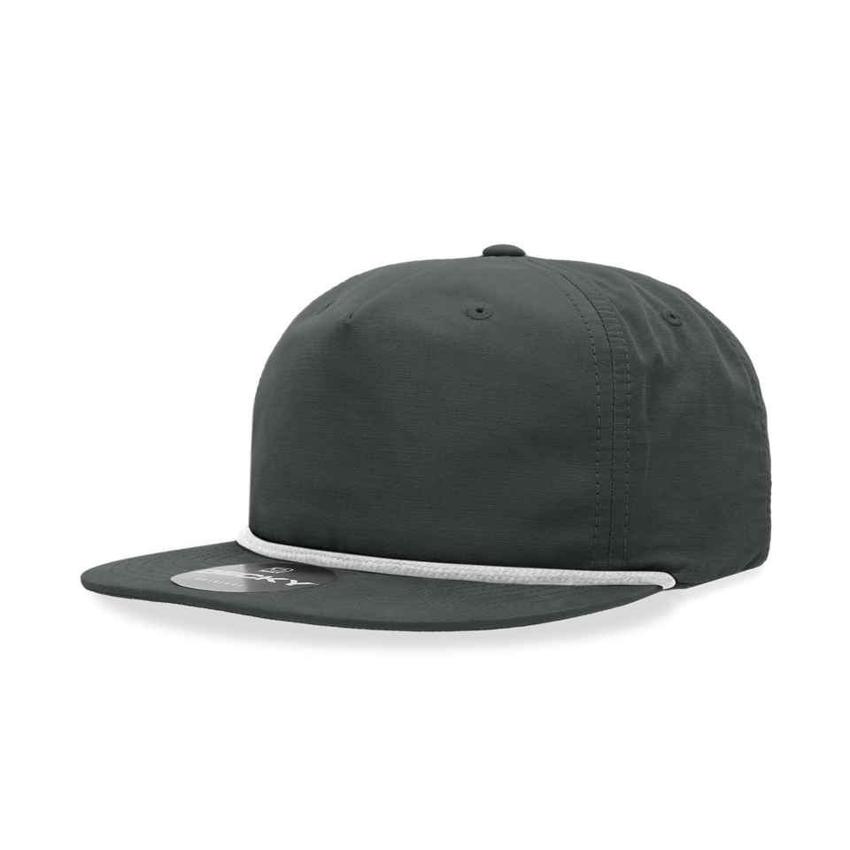 A black baseball cap with a white rope around the brim on a white background.