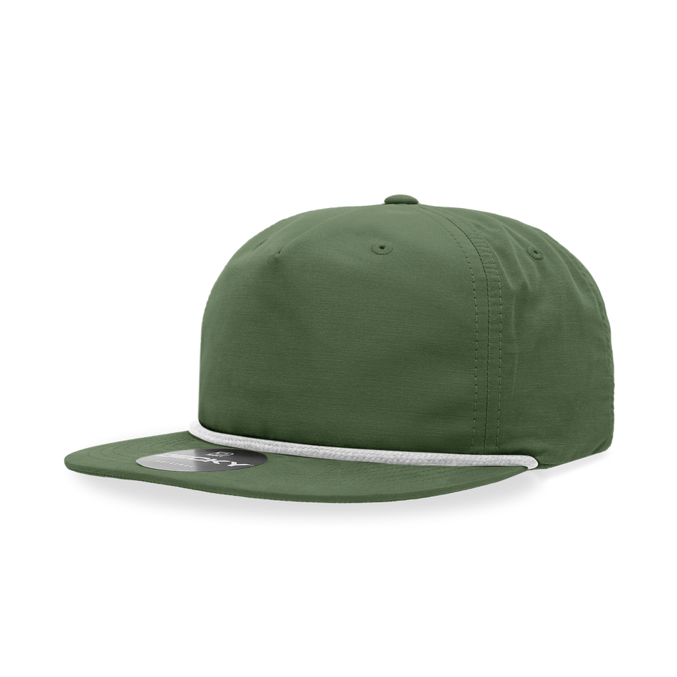 A green baseball cap with a white rope around the brim on a white background.