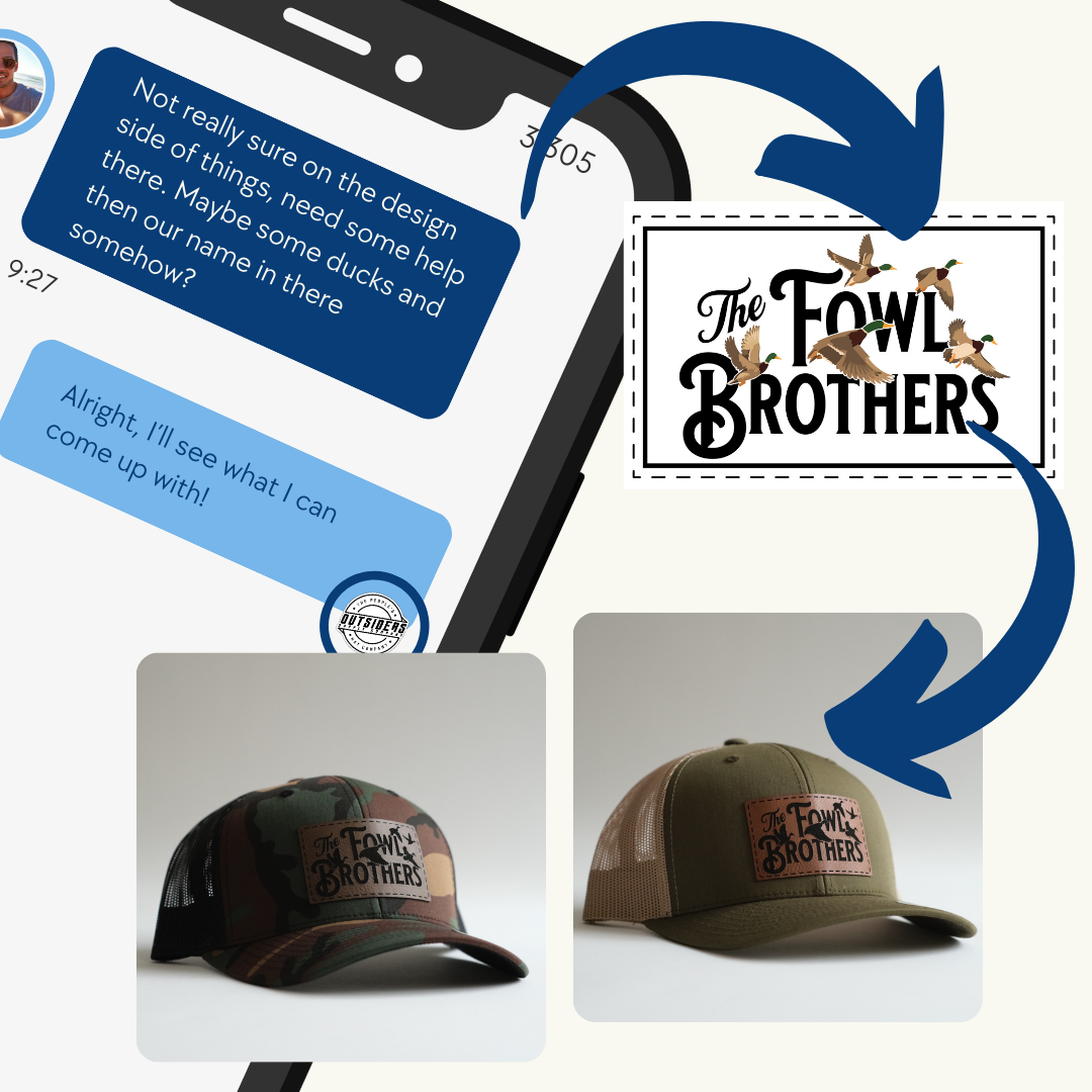 A picture of a hat that says the fowl brothers on it and a cell phone featuring a chat between Outsiders Supply Company and a customer going through the custom hat order process