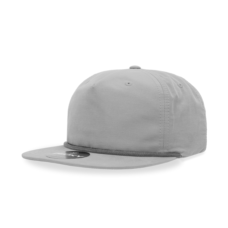A grey baseball cap with a rope around the brim on a white background.