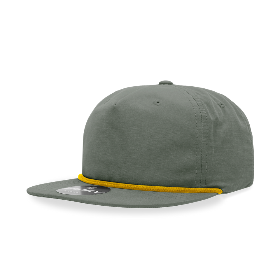 A green baseball cap with a yellow rope around the brim on a white background.