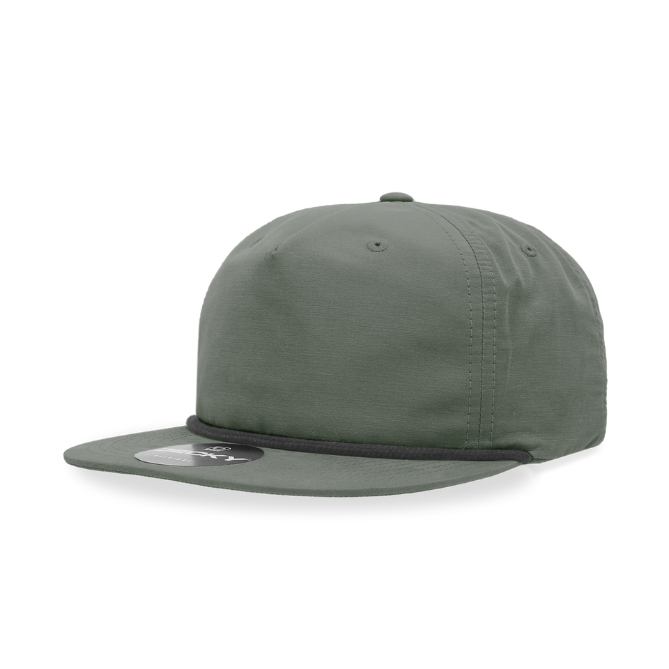A green baseball cap with a black rope around the brim on a white background.