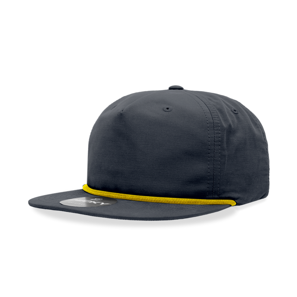 A black baseball cap with a yellow rope around the brim.