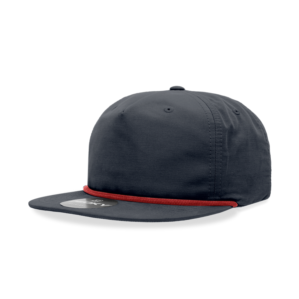 A black hat with a red rope around the brim on a white background.