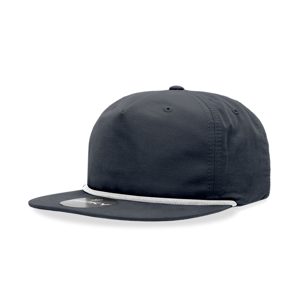 A black baseball cap with a white rope around the brim on a white background.